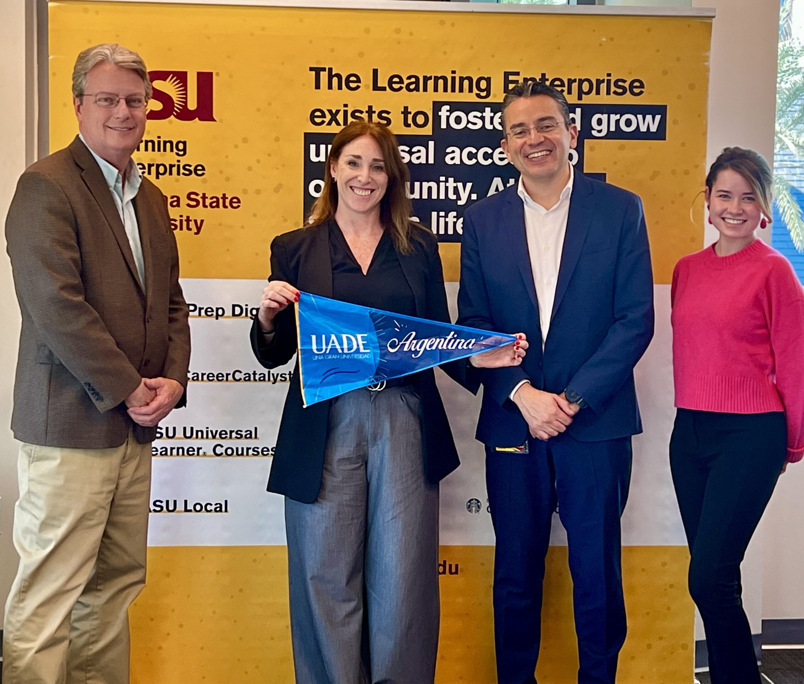 Paula Catalina Iglesias from UADE during her visit to ASU in February 2024 with Marco Serrato, AVP of ASU Learning Enterprise, Faith Dalzell and Dale Johnson from ASU’s University Design Institute. 