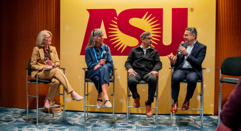 Kristin Lord moderates a panel alongside speakers Marni Baker-Stein, Anant Agarwal and Marco Serrato.