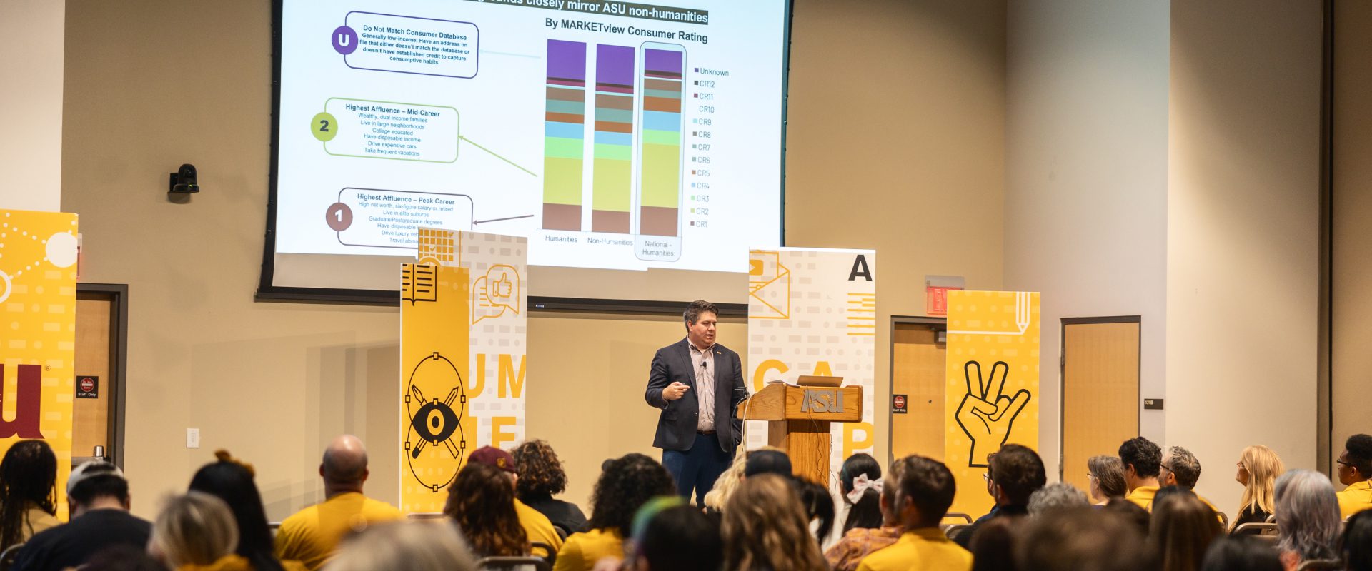 A presenter at Arizona State University standing at a podium in front of an audience, pointing to a slide displaying three stacked bar charts.